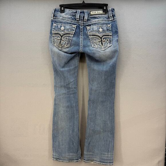 Rock Revival Jeans Womens 27 (4) Blue Anzelie Easy Boot Faux Pocket Flaps Blingy - Picture 2 of 16